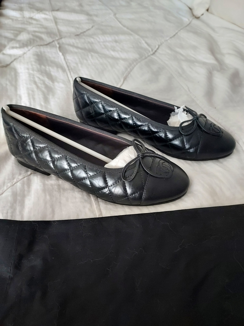 Black Quilted Genuine Leather Ballet Flats with Bow, Designer Inspired, 39/7.5